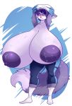  2018 absurd_res anthro big_breasts blush breasts canid canine canis cleavage clothed clothing coyote digital_media_(artwork) erect_nipples female fur hi_res huge_breasts hyper hyper_breasts jaeh mammal nipples purple_fur solo sweat tina_(jaeh) undressing 