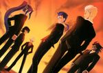  archer assassin_(fate/stay_night) berserker blonde_hair blue_hair brown_hair closed_eyes earrings fate/stay_night fate_(series) formal from_behind gilgamesh highres jewelry kotomine_kirei lancer long_hair male_focus multiple_boys necklace necktie ponytail red_eyes shirotsumekusa suit white_hair 