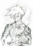  clenched_hand highres imaishi_hiroyuki kamina male_focus manly monochrome muscle non-web_source official_art shirtless sketch smirk solo tengen_toppa_gurren_lagann 