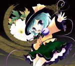  blue_eyes chibi fang flower green_hair hat highres komeiji_koishi open_mouth outstretched_arms petticoat ribbon solo touhou yume_shokunin 