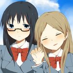  bad_id bad_pixiv_id black_hair blonde_hair blush closed_eyes glasses holding_hands interlocked_fingers kazama_ushio long_hair multiple_girls murasame_sumika orange_(bibiko) sasameki_koto school_uniform uniform yuri 