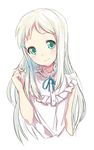  ano_hi_mita_hana_no_namae_wo_bokutachi_wa_mada_shiranai. aqua_eyes blush dress hair_tousle honma_meiko long_hair p-nut ribbon silver_hair simple_background sleeveless smile solo upper_body 