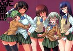  5girls aihara_ai asakura_mao askray blush bosshi breasts erection futabu futanari glasses gray_hair green_hair grey_hair highres hug huge_penis itou_aya large_breasts multiple_girls niimura_akane oohashi_sumika penis skirt skirt_lift source_request uniform upskirt wink 