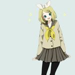  :d black_legwear blonde_hair blue_eyes blush bow buttons cardigan hair_bow hair_ornament hairclip kagamine_rin long_sleeves mizutamako open_mouth pantyhose school_uniform short_hair skirt smile solo teeth vocaloid 