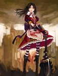  alice:_madness_returns alice_(wonderland) alice_in_wonderland alternate_costume black_hair blood boots gloves green_eyes hao_(patinnko) highres jewelry long_hair necklace pantyhose solo striped striped_legwear weapon 