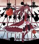  apple bare_shoulders black_legwear boots detached_sleeves food frills fruit hair_ribbon long_hair magical_girl mahou_shoujo_madoka_magica pleated_skirt polearm ponytail red_eyes red_hair ribbon sakura_kyouko shinsui_saya skirt solo spear thighhighs weapon zettai_ryouiki 