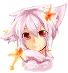  animal_ears arthur_salvatores eyebrows face inubashiri_momiji lowres red_eyes short_hair smile solo touhou white_hair wolf_ears 