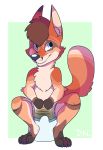  anthro biped canid canine deurosion_(artist) diaper facial_markings feces fox fur hair happy male mammal markings messy_diaper scat sitting smile soiling solo 