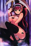  :o absurdres airi_(queen's_blade) bikini black_legwear blush breasts cameltoe choker covered_nipples curvy green_eyes headdress highres kusanagi_tonbo large_breasts maid_headdress micro_bikini queen's_blade red_hair scythe solo sweat swimsuit thighhighs twintails underboob 