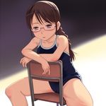  braid brown_eyes brown_hair cameltoe chair competition_school_swimsuit glasses long_hair meow_(nekodenki) one-piece_swimsuit original school_swimsuit sitting sitting_backwards solo spread_legs swimsuit twin_braids twintails 