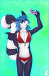  bikini blue_eyes blue_hair camera canine clothed clothing cyan_background female fennec fox gesture hair hybrid lemur mammal nina oonami peace primate ringtail ringtail_cat ringtailed_cat skeet skimpy solo standing swimsuit tongue tongue_out v_sign 
