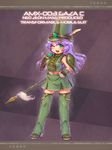  blush boots feathers gaza-c gloves green_eyes gundam gundam_unicorn hands_on_hips hat high_heels mecha_musume midriff military navel one_eye_closed open_mouth polearm purple_hair sankuma shoes skirt sleeveless solo spear text_focus thigh_boots thighhighs wavy_hair weapon 