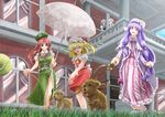  ascot ball bat_wings blonde_hair blue_eyes blue_hair bow braid china_dress chinese_clothes dog dog_walking dress fang flandre_scarlet haruru_(twosocks) hat hong_meiling izayoi_sakuya leash long_hair maid maid_headdress multiple_girls parasol patchouli_knowledge purple_eyes purple_hair red_hair remilia_scarlet short_hair silver_hair star tennis_ball touhou twin_braids umbrella wings yellow_eyes 