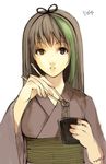  bad_id bad_pixiv_id brown_eyes brown_hair chopsticks food green_hair japanese_clothes kimono long_hair multicolored_hair nobusnow noodles original solo streaked_hair 