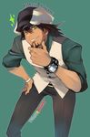  brown_hair cabbie_hat facial_hair hat kaburagi_t_kotetsu male_focus mikami necktie smile solo sparkle stubble tiger_&amp;_bunny vest watch wristwatch yellow_eyes 