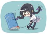  &gt;_&lt; :3 :o akemi_homura alternate_weapon argyle argyle_legwear black_hair black_legwear blush blush_stickers bow braid chibi closed_eyes drum_(container) frilled_skirt frills glasses golf_club grey_skirt hair_bow hair_ornament hairband high_heels kuuyuu kyubey long_hair magical_girl mahou_shoujo_madoka_magica objectification open_mouth pantyhose pleated_skirt red-framed_eyewear red_eyes ribbon shoes simple_background skirt solo sweatdrop twin_braids weapon 