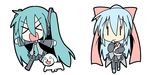  &gt;_&lt; :3 :d chibi_miku closed_eyes dog hamo_(dog) hatsune_miku kiyone_suzu minami_(colorful_palette) multiple_girls open_mouth simple_background smile vocaloid xd |_| 