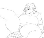 anthro big_breasts blush bottomless breasts butt claws clothed clothing digital_media_(artwork) eyelashes female mammal mature_female pangolin presenting pussy scales simple_background slightly_chubby solo sweater thepainfultruth thick_thighs turtleneck wide_hips 