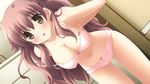  bra breasts brown_eyes brown_hair cleavage d: dressing game_cg highres hosaka_hina ikegami_akane large_breasts leaning_forward lingerie navel open_mouth panties pink_bra pink_panties solo underwear underwear_only undressing with_ribbon 