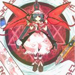  ascot bad_id bad_pixiv_id bat_wings blue_hair boxcutter brooch chain compass eraser fang hat highres itomugi-kun jewelry red_eyes remilia_scarlet scissors short_hair solo touhou wings wrist_cuffs 