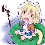  animal_ears blonde_hair cat_ears cat_tail chibi extra_ears hoshizuki_(seigetsu) kemonomimi_mode lily_pad mizuhashi_parsee open_mouth puru-see scarf sitting solo tail touhou trembling |_| 