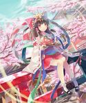  ascot bobby_socks bow brown_hair cherry_blossoms detached_sleeves dutch_angle embellished_costume fish frills hair_bow hair_ornament hair_tubes hakurei_reimu hayama_eishi highres plate red_eyes red_skirt ribbon rope shimenawa sitting skirt smile socks solo torii touhou tree wide_sleeves 