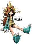  backpack bag bare_legs black_hair brown_eyes full_body genderswap genderswap_(mtf) hood hoodie league_of_legends no_pants pikaboots rammus short_hair sitting solo spikes transparent_background zipper 