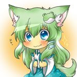  :3 animal_ears bad_id bad_pixiv_id blue_eyes blush cat_ears cat_tail chibi detached_sleeves fang frog green_hair kemonomimi_mode kochiya_sanae long_hair rebecca_(keinelove) shirt skirt snake solo tail touhou 