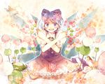  :d bad_id bad_pixiv_id between_fingers blue_eyes blue_hair blurry bow cirno dango depth_of_field dress flower food frog hair_bow kneeling lily_white moriya_suwako nozaki_tsubata open_mouth sanshoku_dango skewer smile solo touhou v-shaped_eyebrows wagashi x_arms 