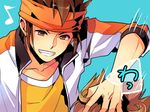  bad_id bad_pixiv_id brown_eyes brown_hair eighth_note endou_mamoru grin hand_on_another's_head headband inazuma_eleven_(series) inazuma_eleven_go jacket male_focus matsukaze_tenma multiple_boys musical_note older smile uririri69 