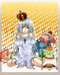  bad_id bad_pixiv_id bare_shoulders blue_eyes cake crown dress food gift highres long_hair original silver_hair sitting solo strapless strapless_dress sweets wariza yuna-tu 