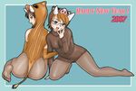  2girls ass back blue_eyes boar brown_hair brown_legwear chinese_zodiac elbow_gloves feet glasses gloves hand_on_own_face legs looking_back multiple_girls new_year open_mouth original pantyhose simple_background sweater tail uraharukon year_of_the_pig 