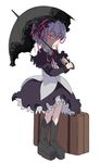  arcana_heart black_umbrella boots dress gothic_lolita knee_boots lieselotte_achenbach lolita_fashion red_eyes solo suitcase takashi_moritaka umbrella 