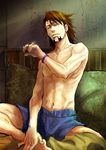 bad_id bad_pixiv_id bed boxers bracelet brown_eyes brown_hair facial_hair indian_style jewelry kaburagi_t_kotetsu male_focus male_underwear on_bed ring shirtless sitting solo stubble tiger_&amp;_bunny underwear wedding_band yt-nagi 
