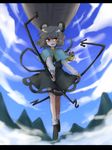  animal_ears capelet cloud day dowsing_rod grey_hair jewelry letterboxed looking_at_viewer mokku mountain mouse mouse_ears mouse_tail nazrin pendant red_eyes ship short_hair smile socks solo tail touhou watercraft 