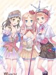  atelier_(series) atelier_meruru atelier_rorona atelier_totori back_bow belt blonde_hair blue_eyes blue_sleeves bow braid brown_eyes brown_hair cape crown esukee feathers gem hairband half_updo hat long_hair merurulince_rede_arls multiple_girls orange_hair red_bow ribbon rororina_fryxell shawl short_hair skirt smile staff totooria_helmold 