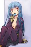  against_wall blue_hair breasts cleavage food gloves kula_diamond long_hair medium_breasts open_clothes popsicle red_eyes sitting solo the_king_of_fighters wanko_(takohati8) 