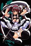  absurdres airi_(queen's_blade) black_legwear blush breasts cleavage detached_collar frills green_eyes highres kino_hitoshi large_breasts long_hair maid maid_headdress panties queen's_blade red_hair scythe skirt solo thighhighs twintails underwear wrist_cuffs 