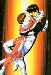  1girl 90s ass assault_suits_series assault_suits_valken couple crea_coral good_end hetero highres hug jake_brain military military_uniform ncs official_art pilot_suit promotional_art scan science_fiction short_hair spacesuit uniform urushihara_satoshi 