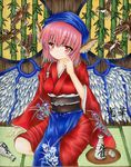  alcohol animal_ears bamboo bird blush bottle chirori choko_(cup) cup eurasian_tree_sparrow head_scarf head_wings japanese_clothes kimono mystia_lorelei obi okamisty pink_hair red_eyes round_window sake sash short_hair sitting solo sparrow tasuki tatami tokkuri touhou window wings 