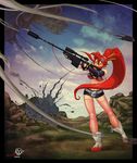  aiming anti-materiel_rifle bikini_top brahma_bone debris destruction explosion fingerless_gloves gloves gun hair_ornament highres long_hair md5_mismatch ponytail red_hair resized rifle scarf short_shorts shorts smoke sniper_rifle solo tengen_toppa_gurren_lagann thighhighs upscaled watermark weapon yoko_littner 