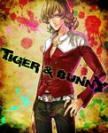  bad_id bad_pixiv_id barnaby_brooks_jr belt blonde_hair blue_eyes glasses green_eyes hand_on_hip jacket jewelry male_focus necklace red_jacket ring solo studded_belt tiger_&amp;_bunny ymsr 