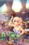  blonde_hair blood_elf bomb breasts camisole cleavage collarbone dagger elf flower food green_eyes helmet highres knife medium_breasts model model_building one_eye_closed paint pointy_ears ponytail pudding scroll shield solo strap_slip warcraft weapon windforcelan world_of_warcraft 