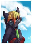  blue_eyes breasts candy canine cleavage clothed clothing cloud clouds dress eyewear female fleki fleki_(character) glasses hair lollipop mammal orphen-sirius solo suggestive suggestive_food sunglasses wolf 