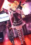  blonde_hair cat dual_wielding eyepatch gloves gun handgun heterochromia highres holding lolita_fashion original purple_eyes shingo_(picturepuzzle) solo striped striped_legwear thighhighs trigger_discipline twintails weapon yellow_eyes 