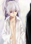  darker_than_black face flat_chest hair_ribbon kawakami_rokkaku navel open_clothes open_shirt pointing ponytail purple_eyes ribbon shirt silver_hair solo upper_body white_background yin 