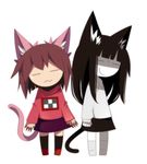  :3 alternate_hairstyle animal_ears bad_id bad_pixiv_id black_hair brown_hair cat_ears cat_tail closed_eyes kemonomimi_mode long_hair lowres madotsuki mogeko_(okegom) monoe multiple_girls pink_shirt purple_skirt shirt skirt smile sweater tail yume_nikki 