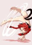  animal_ears ass bad_id bad_pixiv_id barefoot bow braid breasts capoeira cartwheel cat_ears cat_tail colorized extra_ears feet full_body hair_bow hamahara_yoshio handstand highres kaenbyou_rin multiple_tails nekomata nipples nude one_eye_closed pussy red_eyes red_hair simple_background small_breasts soles solo spinning tail takura_mahiro toes touhou twin_braids twintails upside-down windmilling 