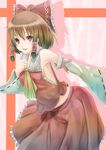  armpits ascot bare_shoulders bow brown_hair detached_sleeves hair_bow hair_tubes hakurei_reimu hand_on_own_chest highres midriff no_bra open_mouth red_eyes reio_reio short_hair sidelocks skirt smile solo touhou 