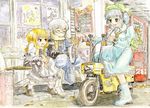  blonde_hair blue_eyes drink gintama ground_vehicle hidamari_sketch justaway kawashiro_nitori kirisame_marisa master_(4th) moped morichika_rinnosuke motocompo motor_vehicle multiple_girls sayonara_zetsubou_sensei short_hair touhou traditional_media ume-sensei watercolor_(medium) yellow_eyes 